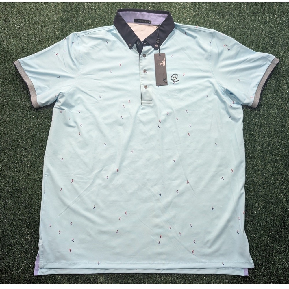 Greyson Men's XL Light Blue Skier Print Golf Polo Shirt Navy NEW Performance
